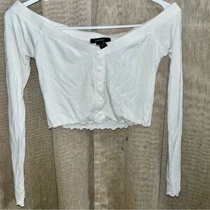 Forever 21 Cream Ribbed Button-Up Crop Top